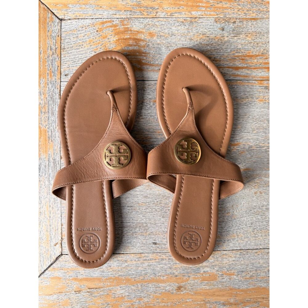 TORY BURCH Judy Leather Thong Sandals in Royal Tan Sz 9.5 Rare Item EUC